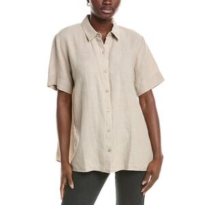 EILEEN FISHER Linen Blend Short Sleeve Button Up Shirt S/P Beige Relaxed Fit